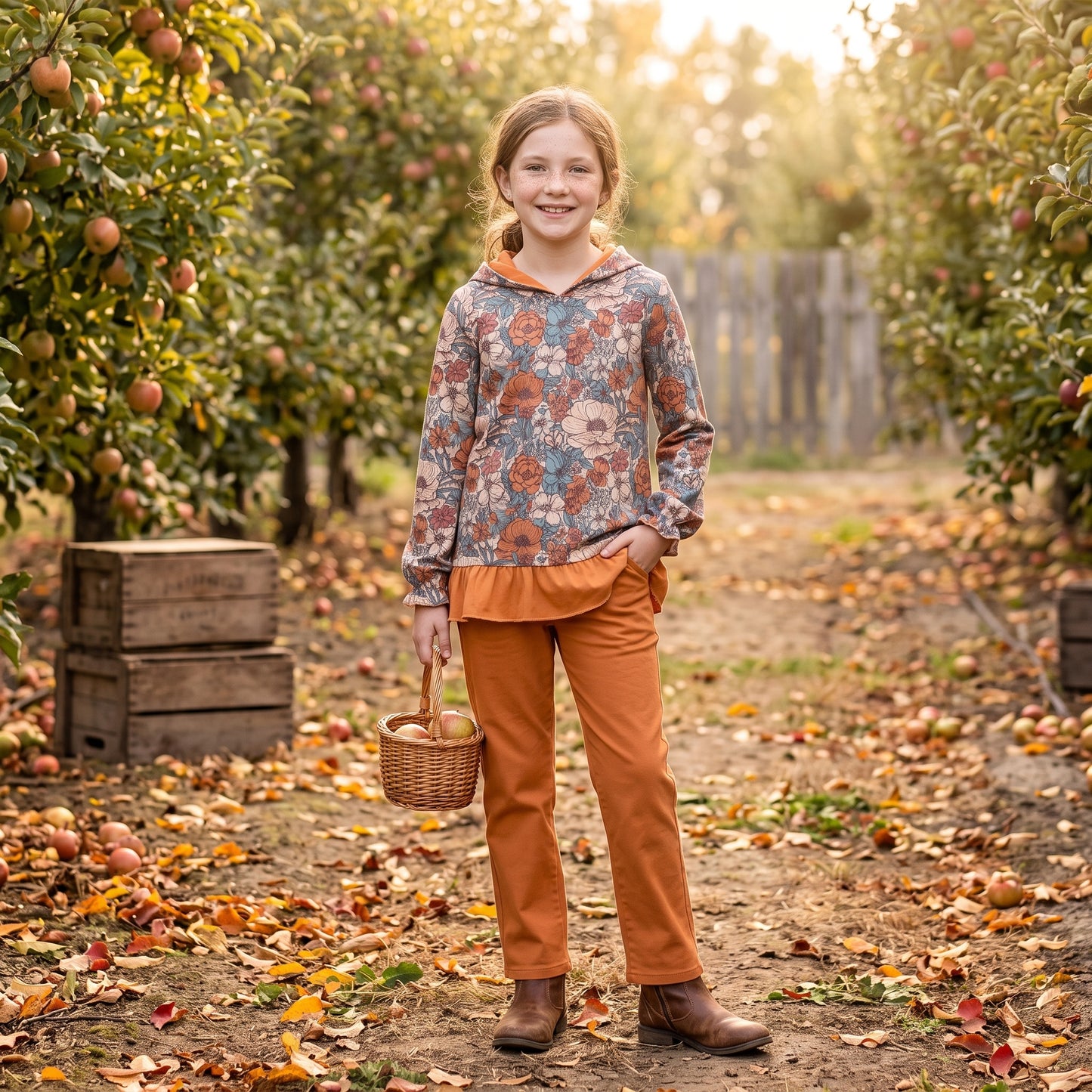 GT1643 Vintage Floral Girls Ruffle Hoodie Top