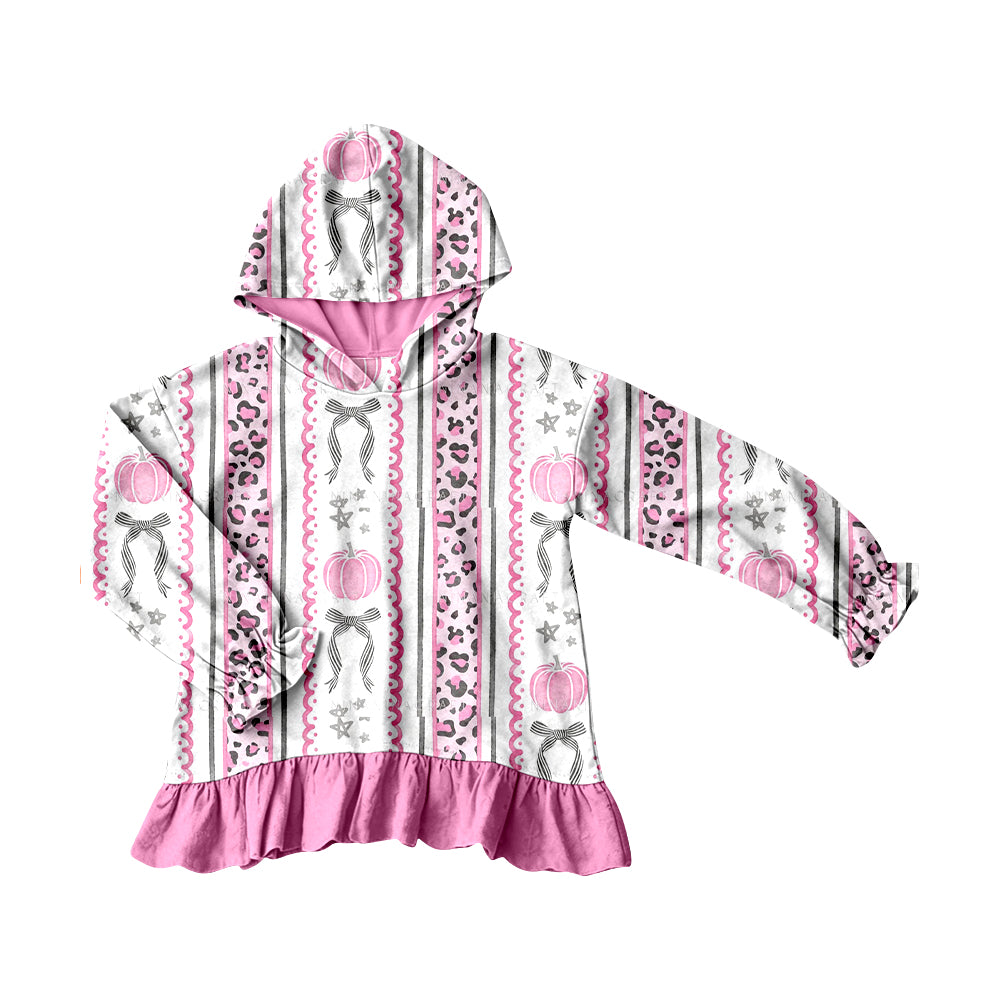 4.20 Girls Pink Pumpkin Bow Print Hoodie - Toddler Ruffle Hem Hooded Top Preorder