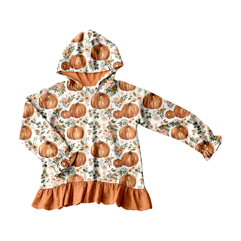 4.20 irls Watercolor Pumpkin Floral Hoodie - Toddler Ruffle Hem Hooded Top Preorder