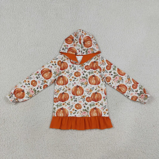 Sibling Baby Girls Flowers Pumpkins Fall Ruffle Hoodies Top