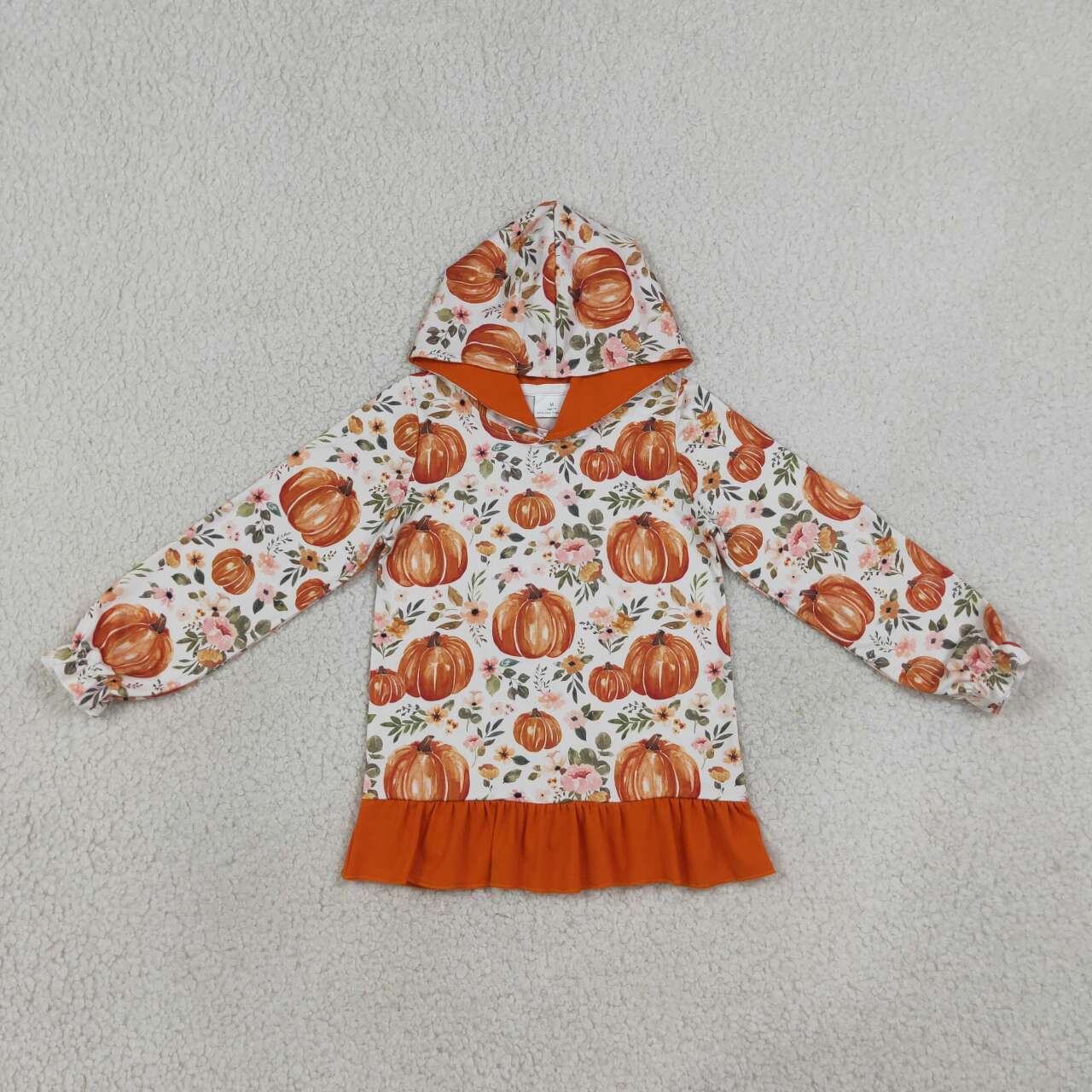 GT1647 Pumpkin Floral Print Girls Fall Ruffle Hoodie Top