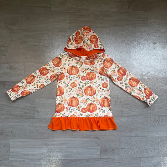 4.20 irls Watercolor Pumpkin Floral Hoodie - Toddler Ruffle Hem Hooded Top Preorder