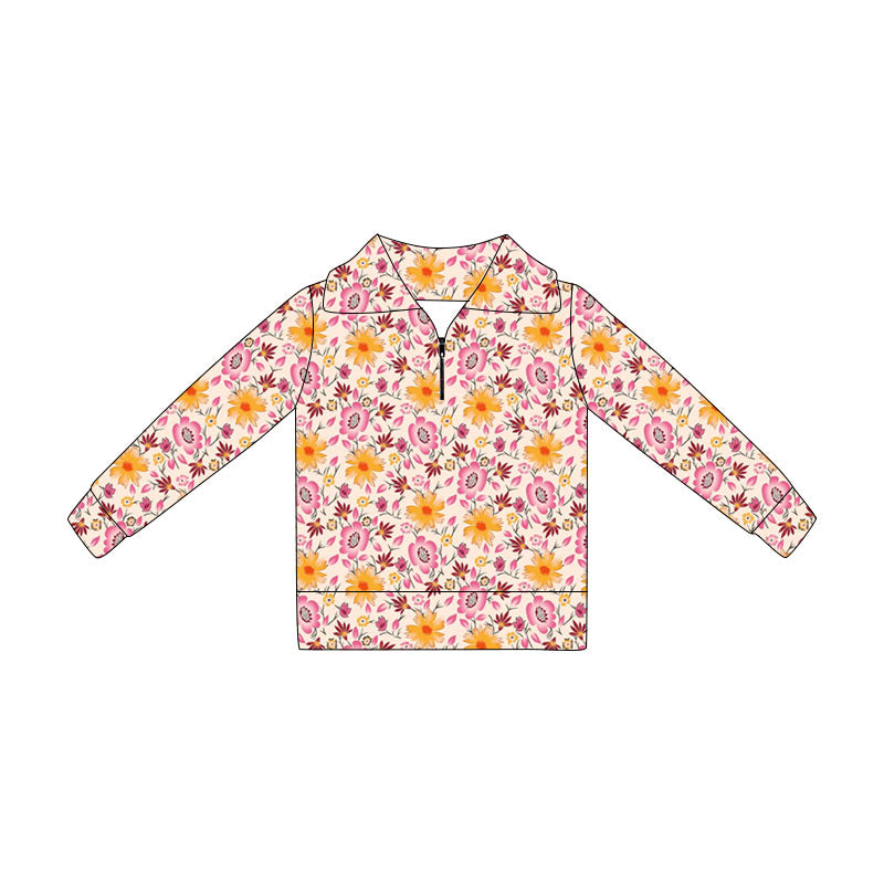 4.21 GT1648 Toddler Orange Pink Flowers Zipper Girls Long Sleeve Pullover Top Preorder