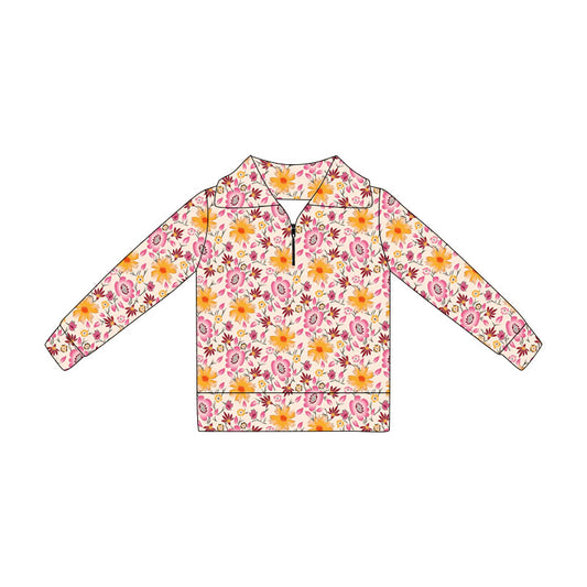4.21 GT1648 Toddler Orange Pink Flowers Zipper Girls Long Sleeve Pullover Top Preorder