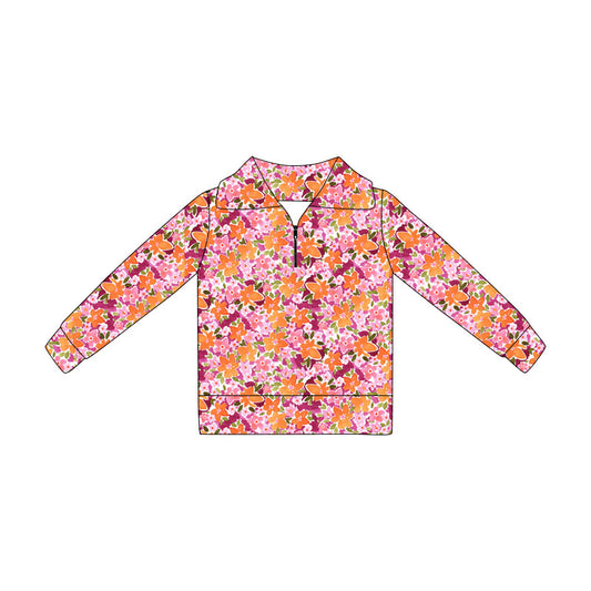 4.21 GT1652 Toddler Orange Pink Flowers Zipper Girls Long Sleeve Pullover Top Preorder