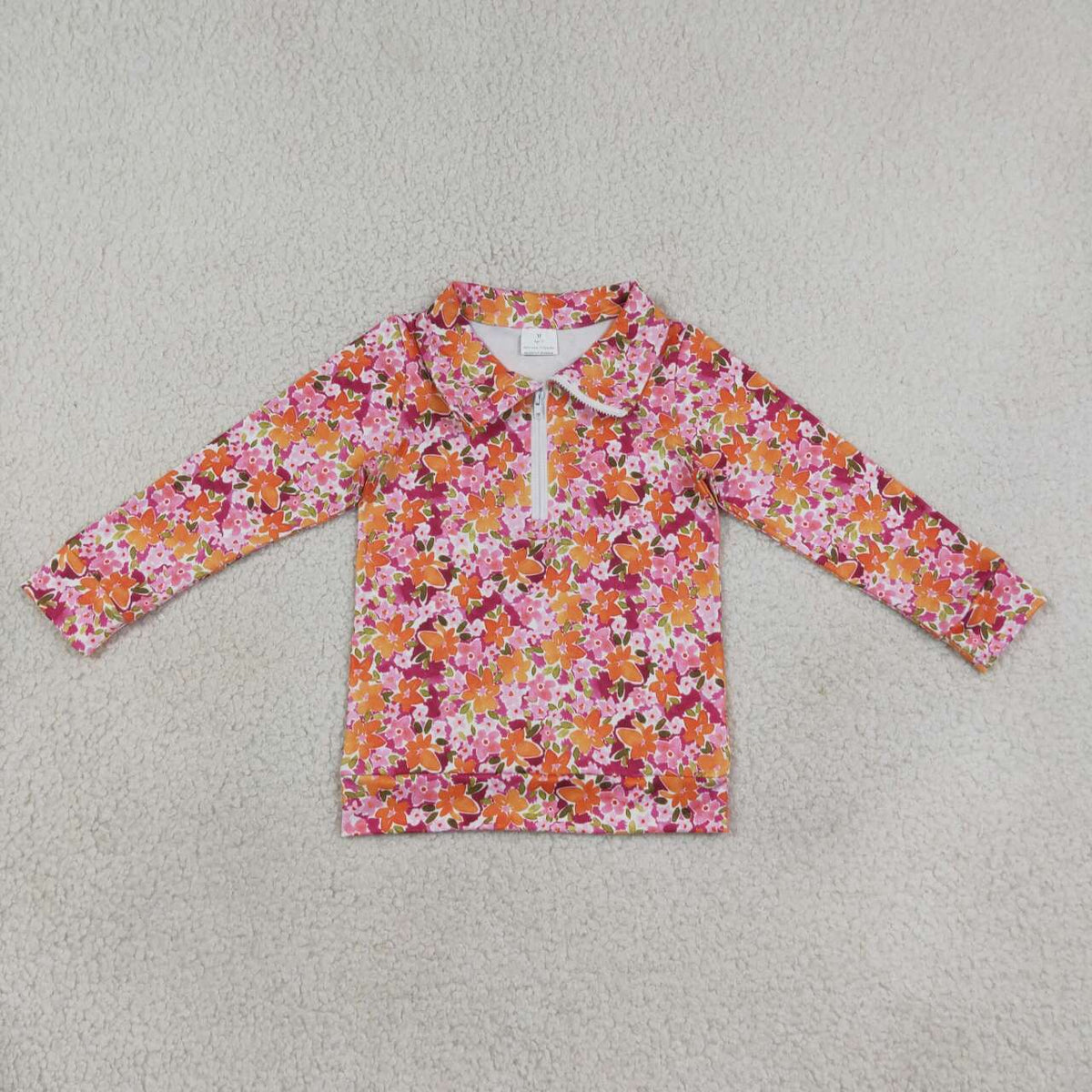 GT1652 Orange Pink Flowers Zipper Girls Long Sleeve Pullover Top