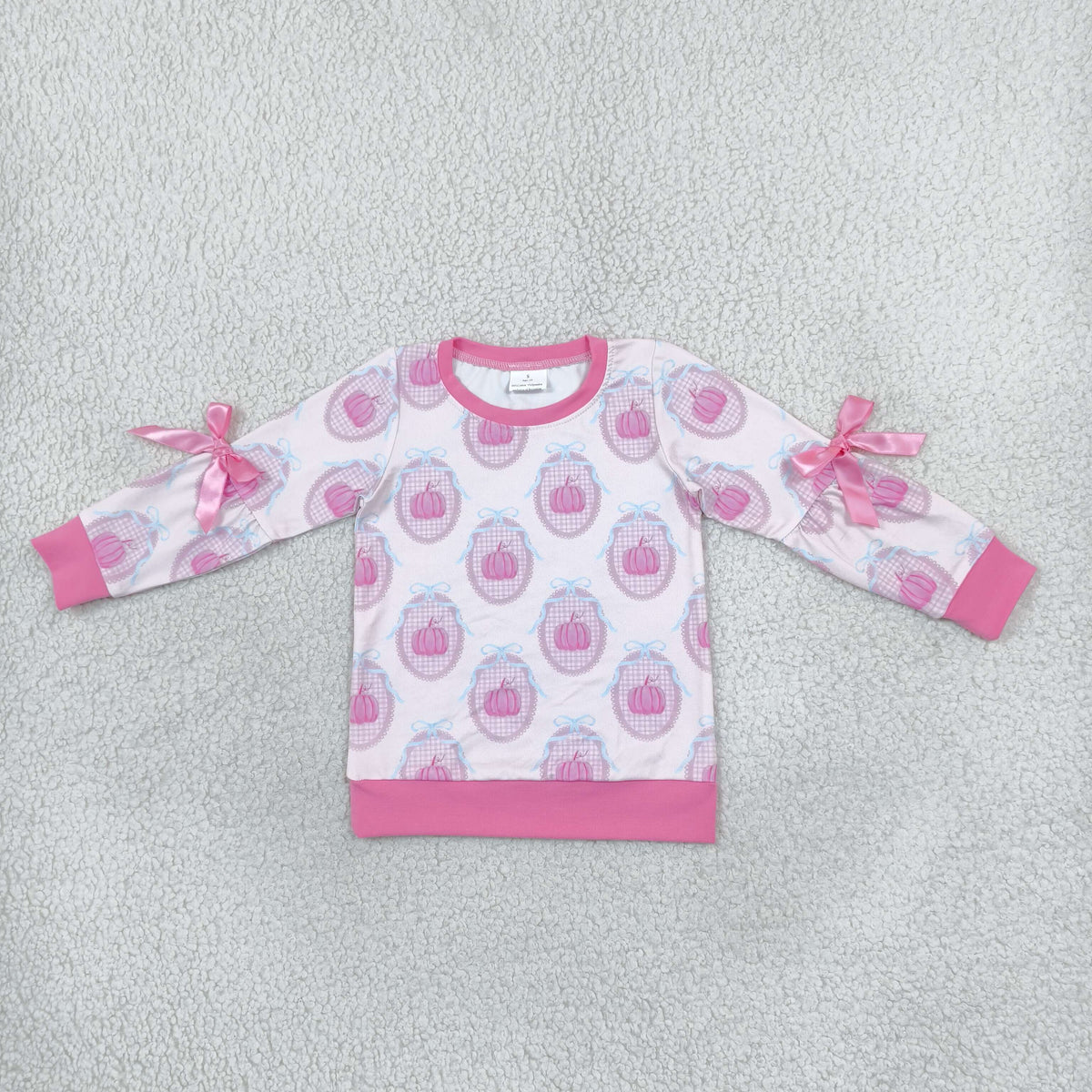 GT1657 Pumpkin Bows Pink Girls Fall Long Sleeve Tee Shirts Top