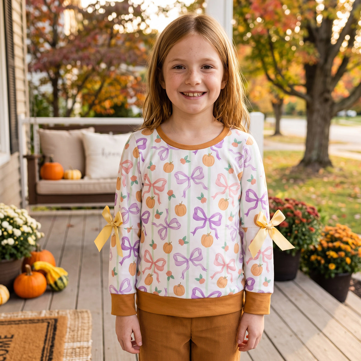 GT1658 Pumpkin Bows Flowers Stripes Girls Fall Tee Shirts Top
