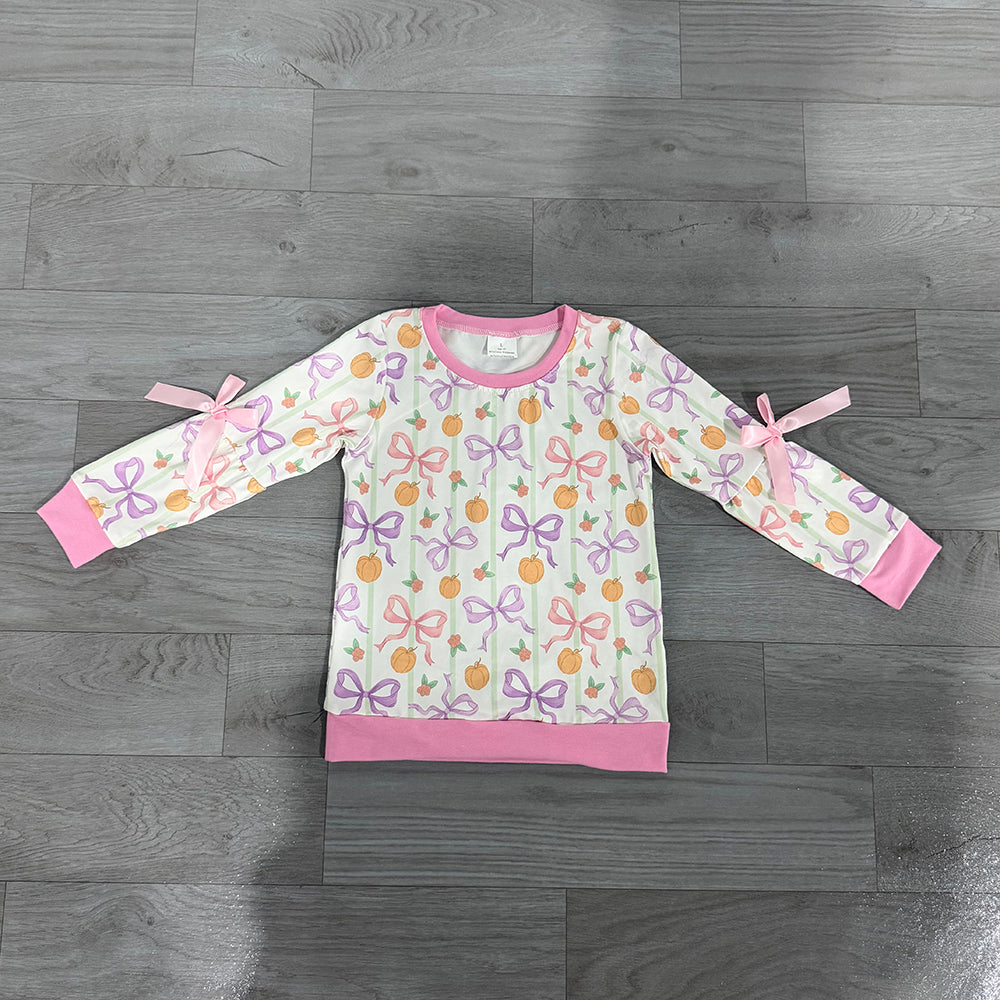 4.22 GT1658 Preorder Pumpkin Bows Plaid Girls Fall Tee Shirts Top