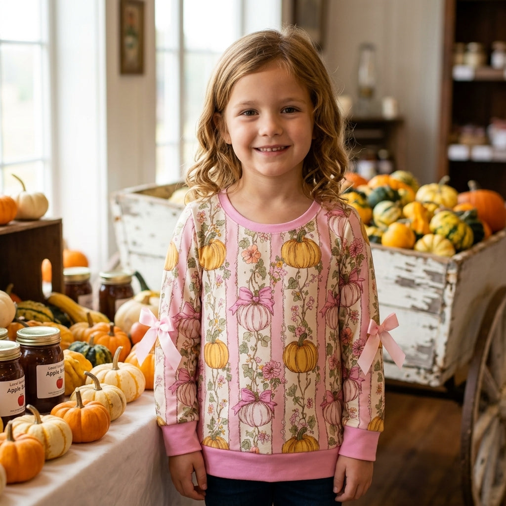GT1659 Pumpkin Flowers Stripes Girls Fall Bows Tee Shirts Top