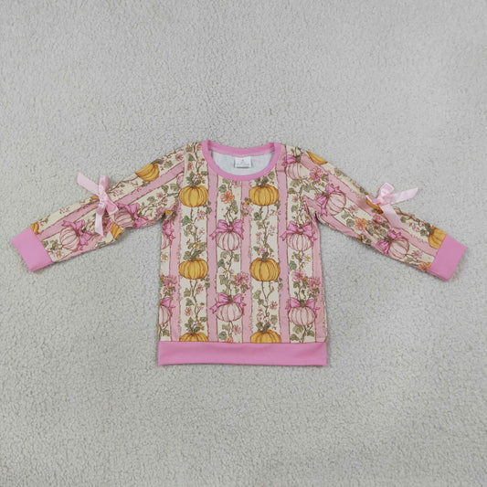 Sibling Kids Girls Pumpkin Print Bow Long Sleeve Top