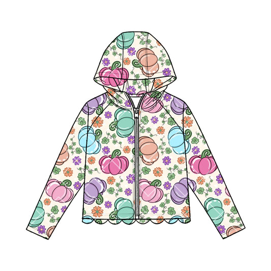 4.23  Kids Girls Colorful Pumpkin  Flowers Zip-up Hooded Preorder