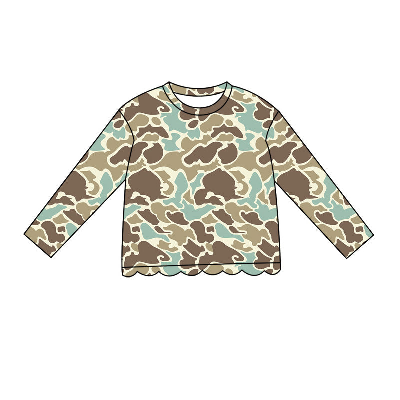 4.29 GT1689 Brown Green Camo Baby Girls Scallop Long Sleeve T-Shirts Top