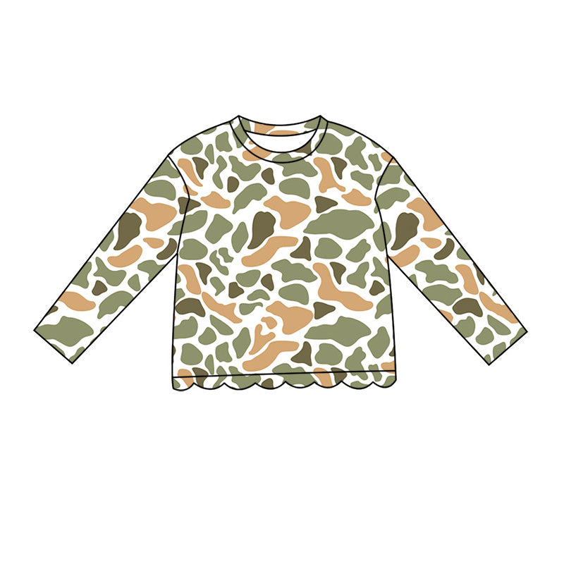 4.29 GT1690 Orange Green Camo Baby Girls Scallop Long Sleeve T-Shirts Top