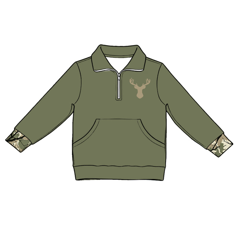 5.1  Kids Girls  Hunting Deer Green Quarter-Zip Long Sleeve Pullover Top Preorder