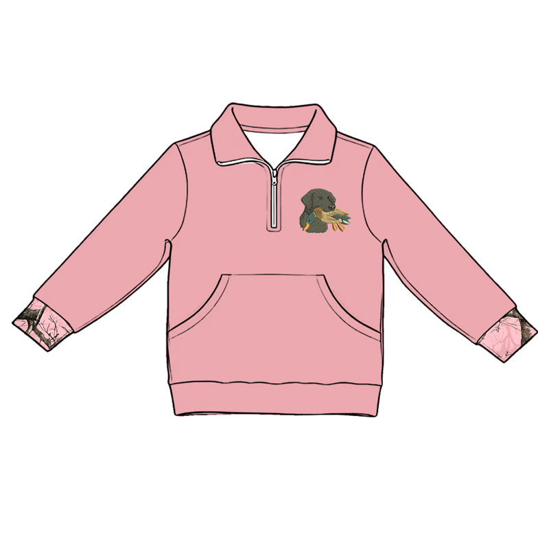 5.1  Kids Girls  Hunting Dog Pink Quarter-Zip Long Sleeve Pullover Top Preorder