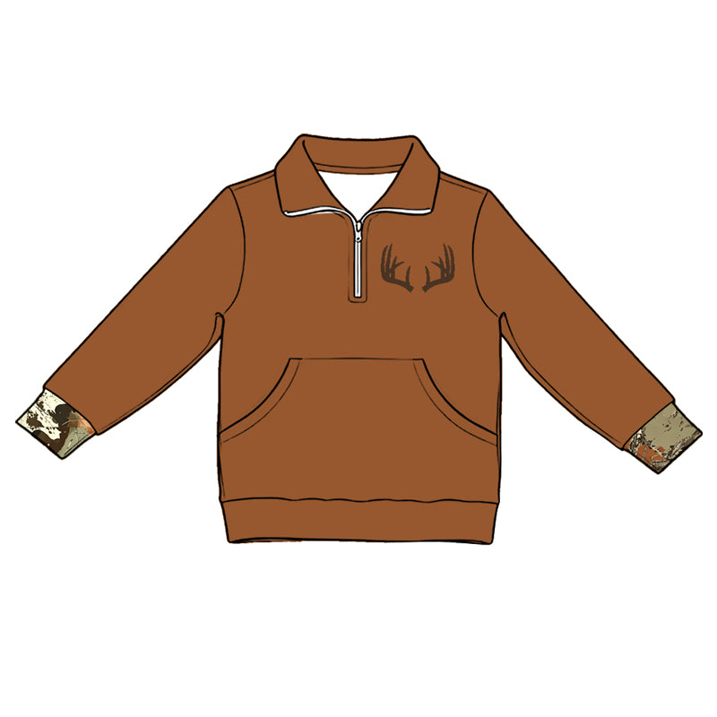 5.1  Kids Girls Brown Antler Quarter-Zip Long Sleeve Pullover Top  Preorder