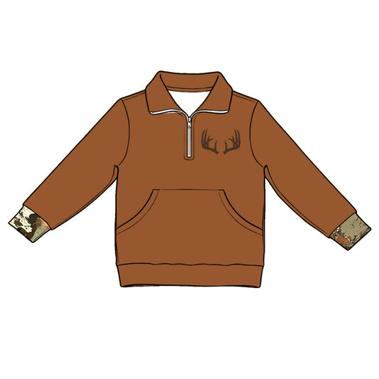 5.1  Kids Girls Brown Antler Quarter-Zip Long Sleeve Pullover Top  Preorder