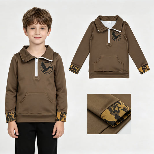 GT1698 Hunting Duck Kids Dark Olive Quarter-Zip Long Sleeve Pullover Top With Pocket