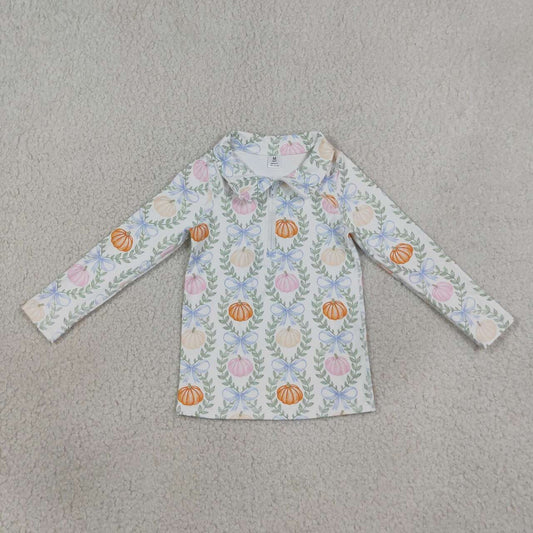 GT1705 Pumpkin Bows Girls Fall Zipper Yoga Pullover Top