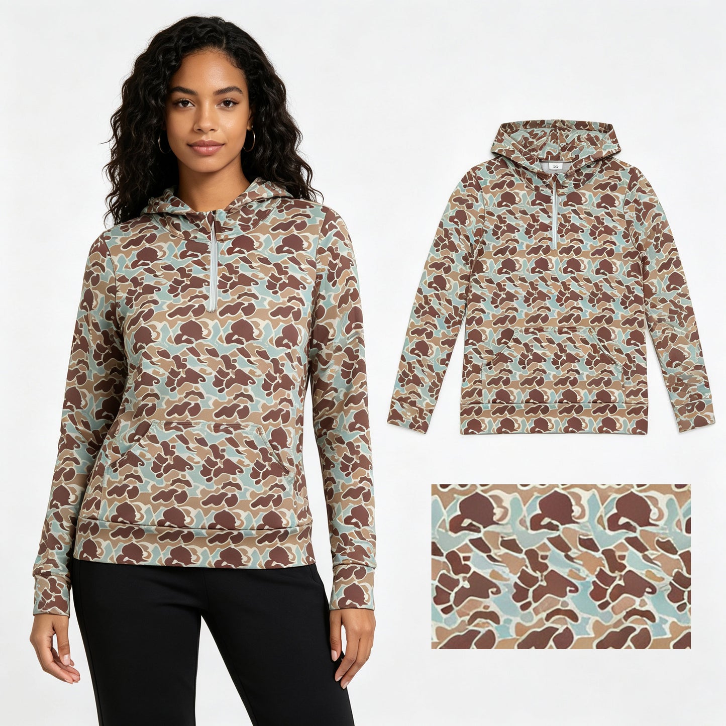 Adult Women Light Brown Camo Long Sleeve Half Zipper Hoodie Top