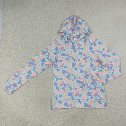 GT1714 Blue Pink Camo Adult Women Long Sleeve Pocket Zipper Hoodie Top