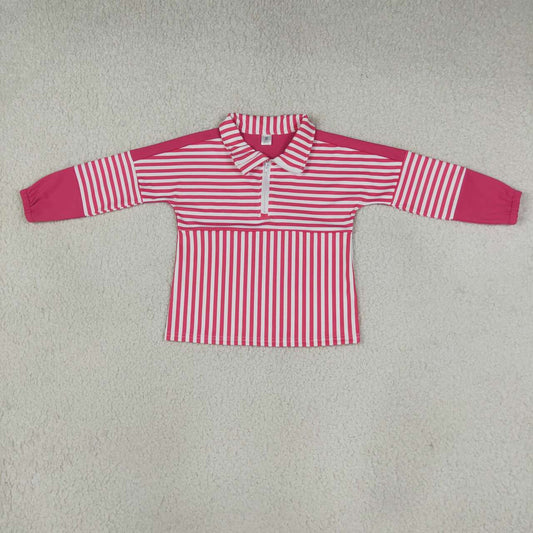 GT1715 Hot Pink Stripes Print Girls Long Sleeve Zipper Pullover Yoga Top
