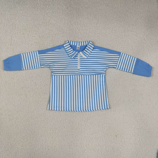 GT1716 Blue Stripes Print Girls Long Sleeve Zipper Pullover Yoga Top
