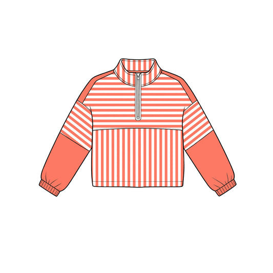 6.19 GT1717 Preorder Orange Stripes Print Girls Long Sleeve Zipper Pullover Yoga Top