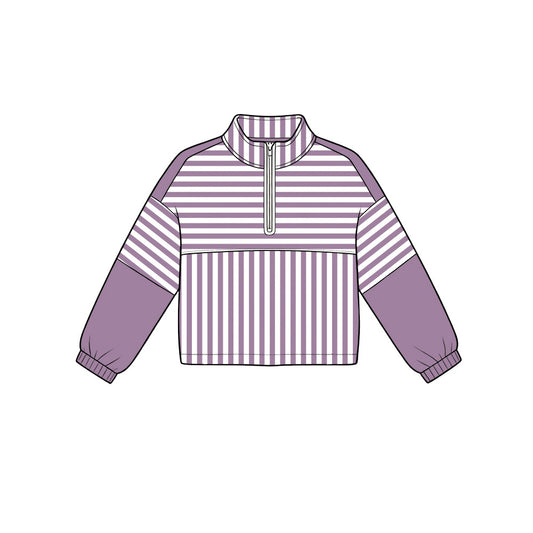 6.19 GT1719 Preorder Purple Stripes Print Girls Long Sleeve Zipper Pullover Yoga Top