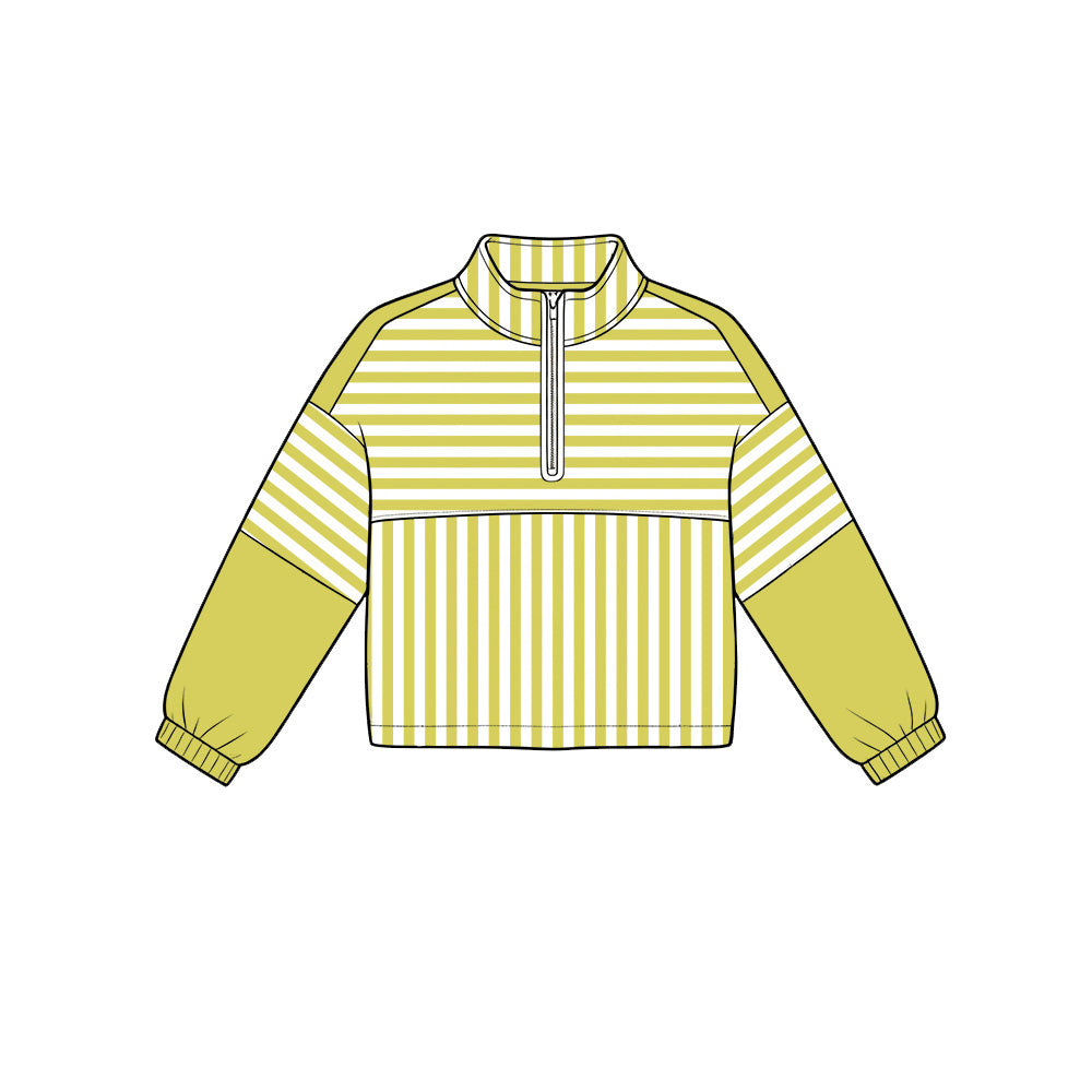 6.19 GT1722 Preorder Matcha Yellow Stripes Print Girls Long Sleeve Zipper Pullover Yoga Top