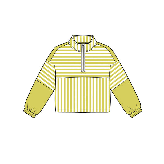 6.19 GT1722 Preorder Matcha Yellow Stripes Print Girls Long Sleeve Zipper Pullover Yoga Top
