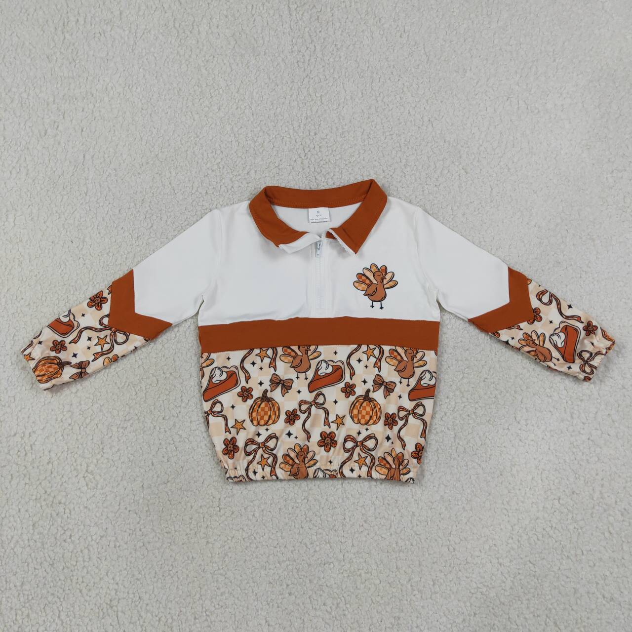 GT1723 Turkey Pie Bows Checkered Girls Thanksgiving Zipper Pullover Top