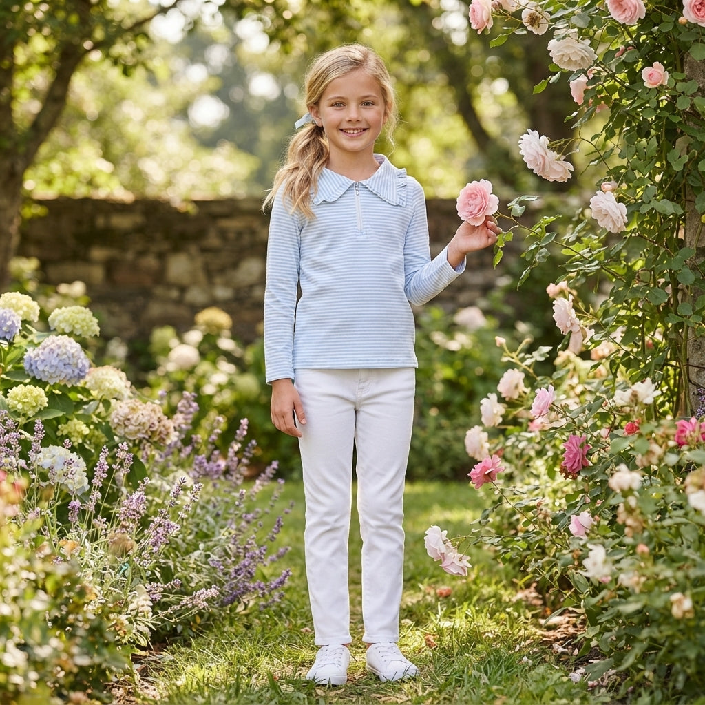 GT1755 Blue Striped Girls Zipper Long Sleeve Pullover Top