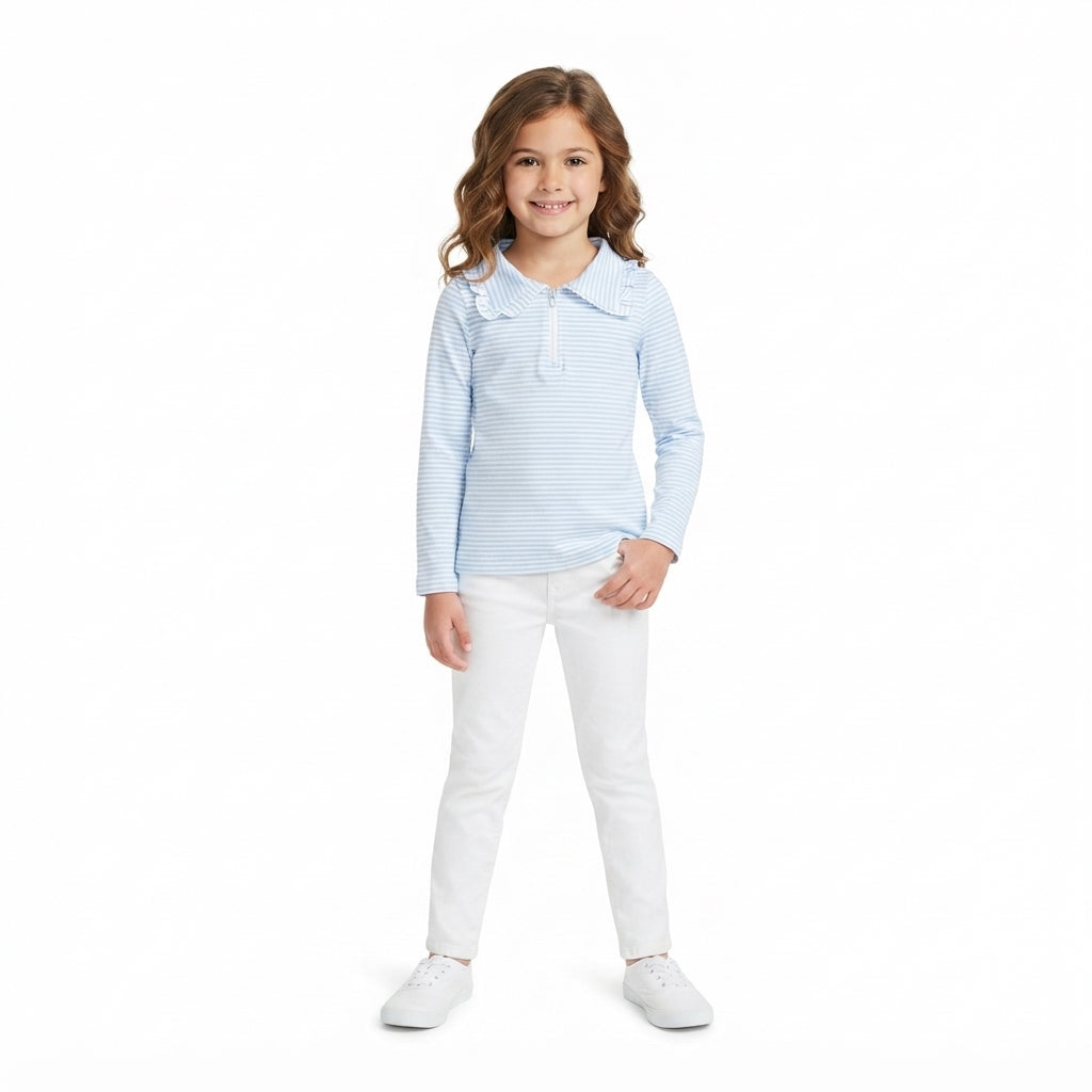 GT1755 Blue Striped Girls Zipper Long Sleeve Pullover Top