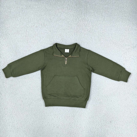 GT1767 Olive Green Cotton Kids Long Sleeve Zipper Pullover Sweatshirt Top