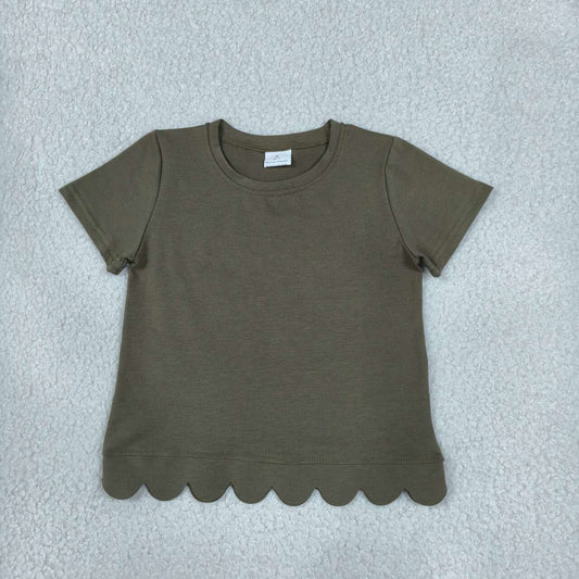 GT1772 Olive Green Cotton Girls Scallop Edge Short Sleeve T-shirts Top