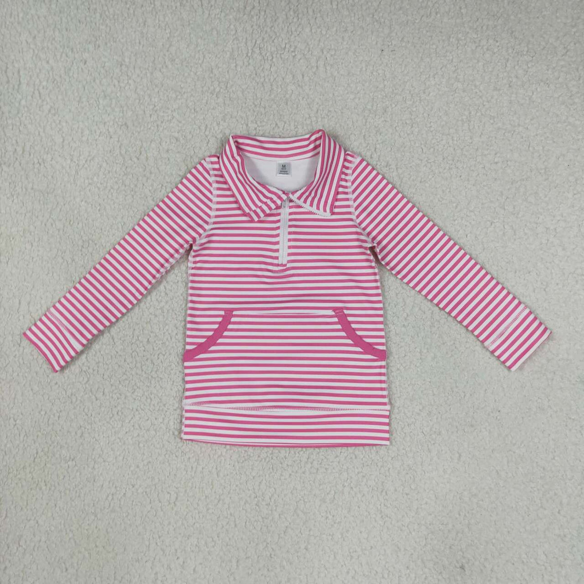 GT1783 Pink Stripes Girls Long Sleeve Zipper Pocket Yoga Pullover Top