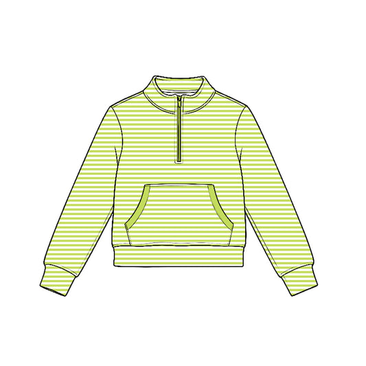 7.21 GT1784 Preorder Green Stripes Girls Long Sleeve Zipper Pocket Yoga Pullover Top