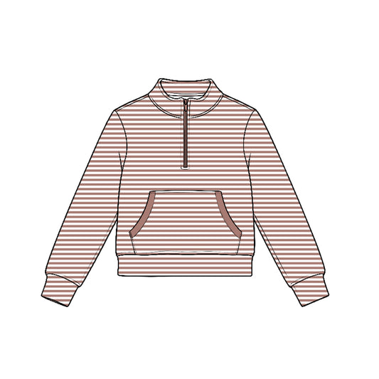 7.21 GT1785 Preorder Brown Stripes Girls Long Sleeve Zipper Pocket Yoga Pullover Top