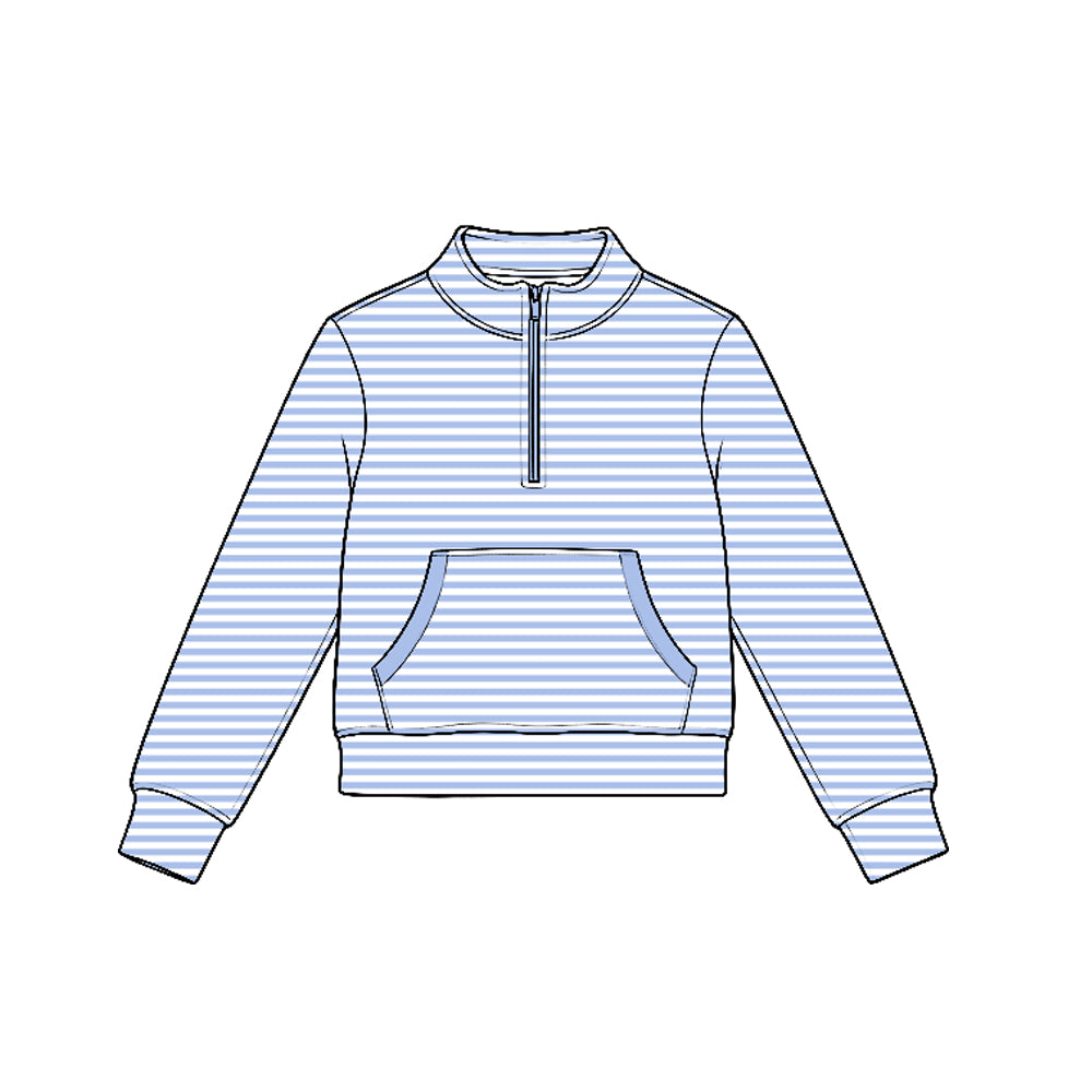 7.21 GT1786 Preorder Blue Stripes Girls Long Sleeve Zipper Pocket Yoga Pullover Top