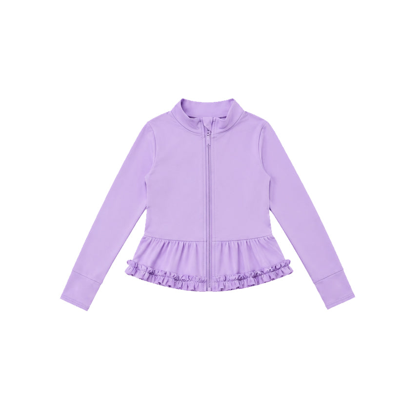 7.21 GT1787 Preorder Purple Color Girls Long Sleeve Zipper Ruffle Yoga Jacket Top