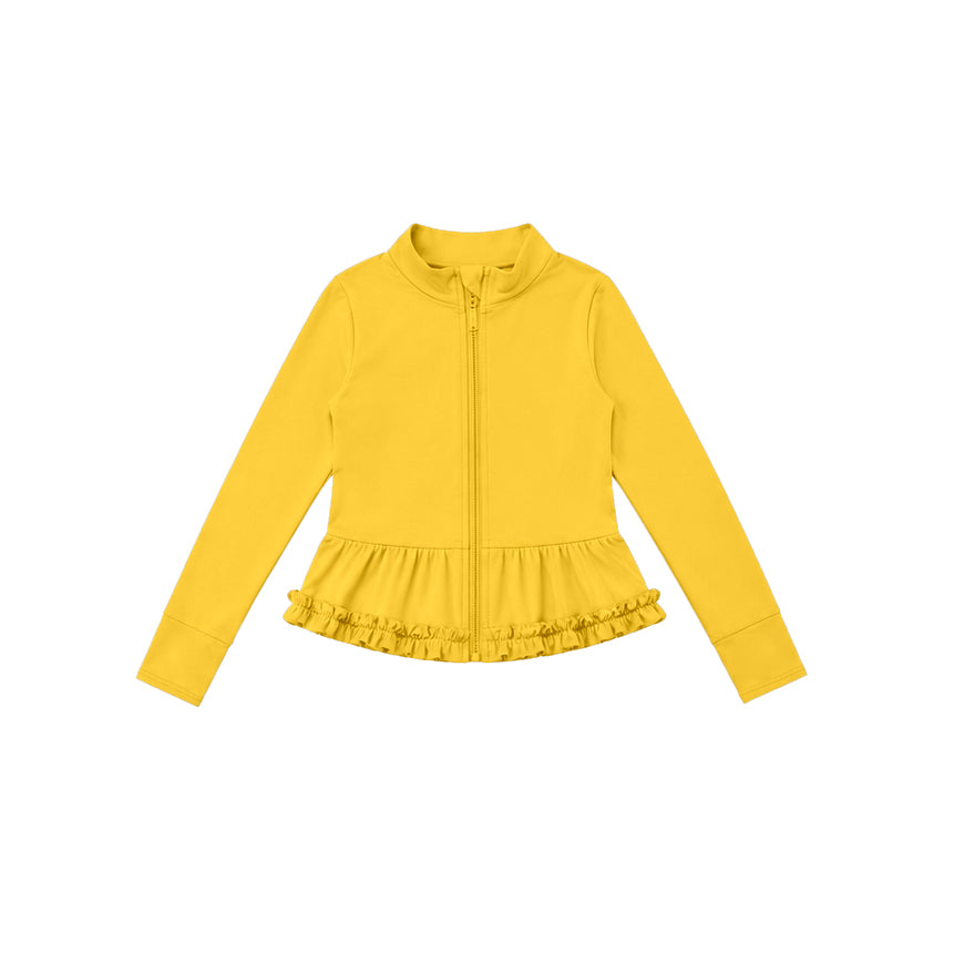 7.21 GT1789 Preorder Yellow Color Girls Long Sleeve Zipper Ruffle Yoga Jacket Top
