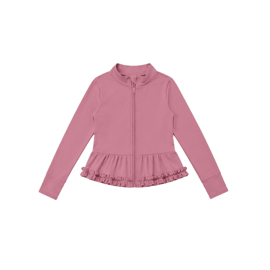7.21 GT1790 Preorder Pink Color Girls Long Sleeve Zipper Ruffle Yoga Jacket Top