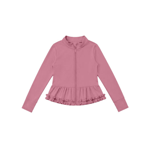 7.21 GT1790 Preorder Pink Color Girls Long Sleeve Zipper Ruffle Yoga Jacket Top