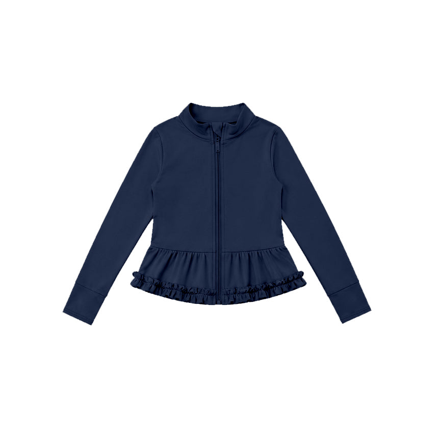 7.21 GT1792 Preorder Navy Color Girls Long Sleeve Zipper Ruffle Yoga Jacket Top