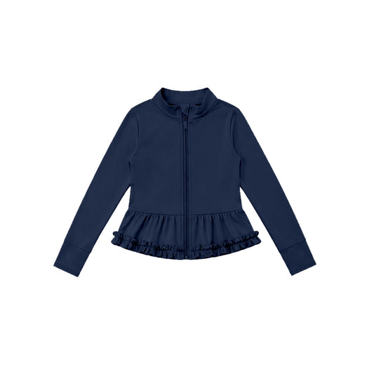 7.21 GT1792 Preorder Navy Color Girls Long Sleeve Zipper Ruffle Yoga Jacket Top