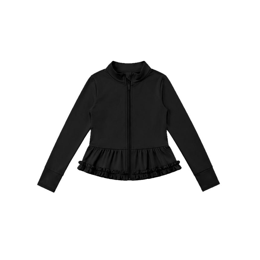 7.21 GT1793 Preorder Black Color Girls Long Sleeve Zipper Ruffle Yoga Jacket Top