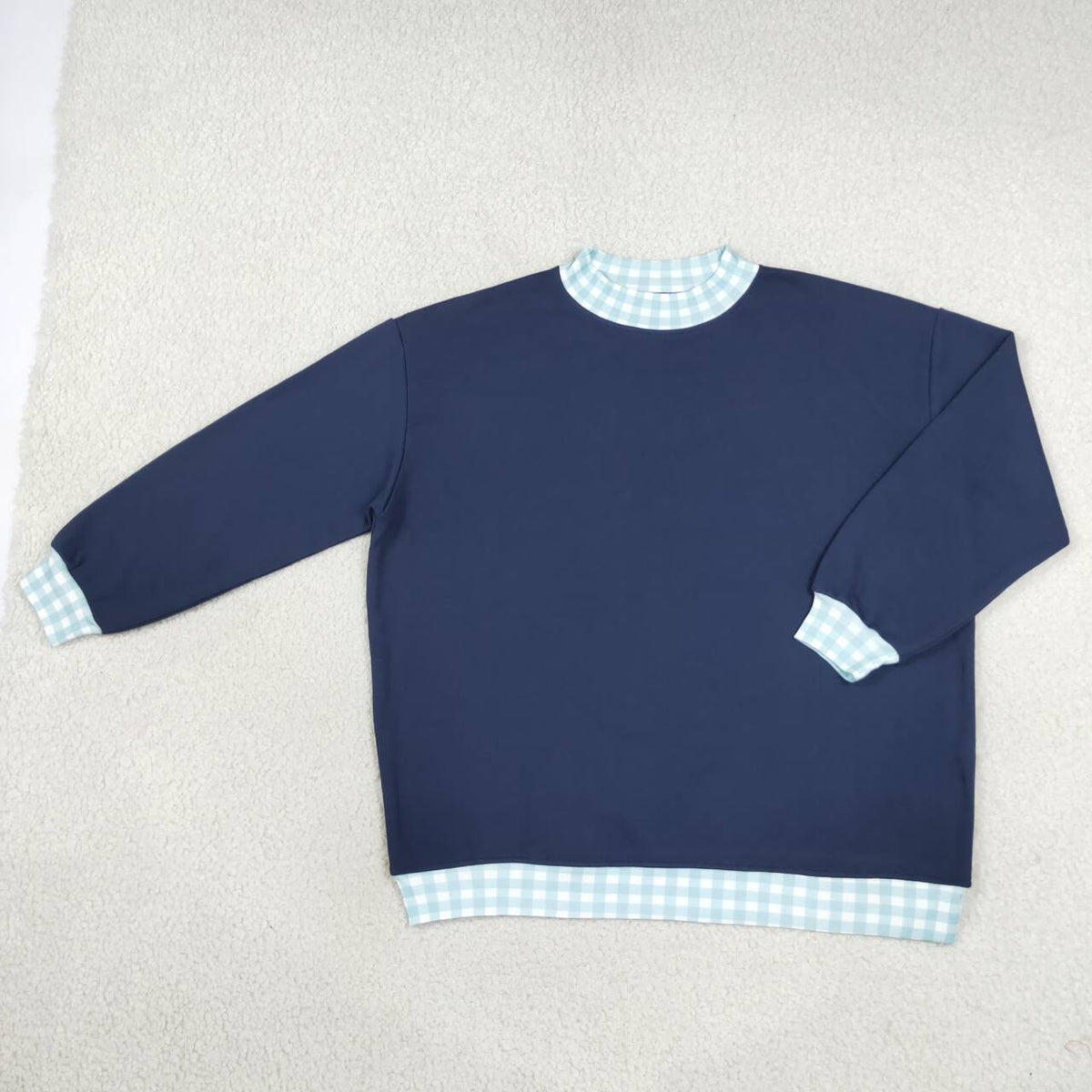 GT1797 Navy Gingham Trim Neck Cuff Hem Woman Long Sleeve Sweatshirt Top