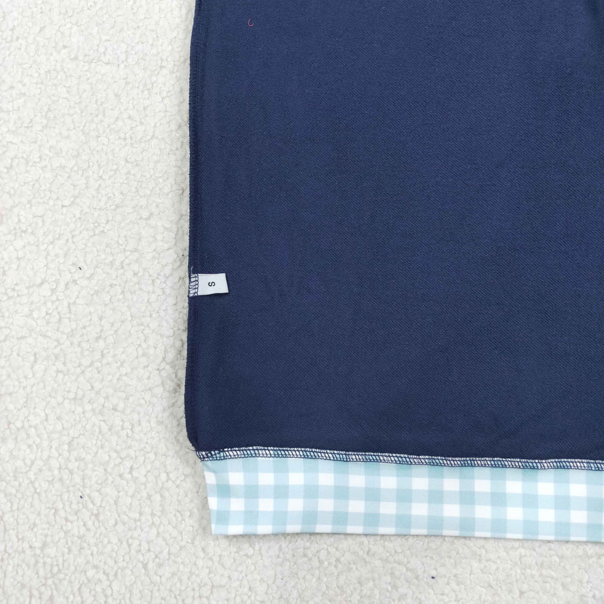 GT1797 Navy Gingham Trim Neck Cuff Hem Woman Long Sleeve Sweatshirt Top